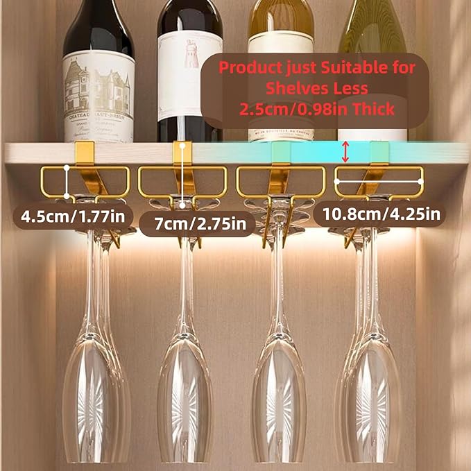 LINFIDITE Gold Under Cabinet Wine Glass Holder, 2 Pack, Space Saving, Easy Installation, Anti-Skid, Compact Design, Sturdy Materials, Affordable Gift