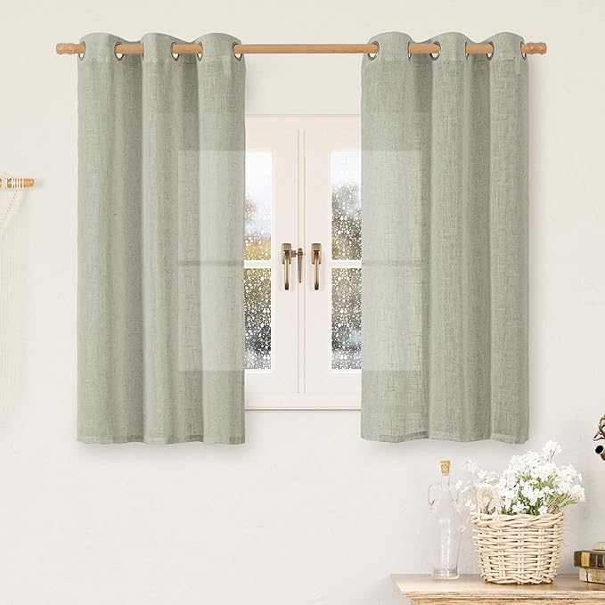 LAMIT 45 Inch Length Linen Curtains for Small Windows, Bronze Grommet Linen Textured Drapes Light Filtering Privacy Panels for Bedroom/Living Room, Sage Grey, 2 Panels Set, 34 x 45 Inch