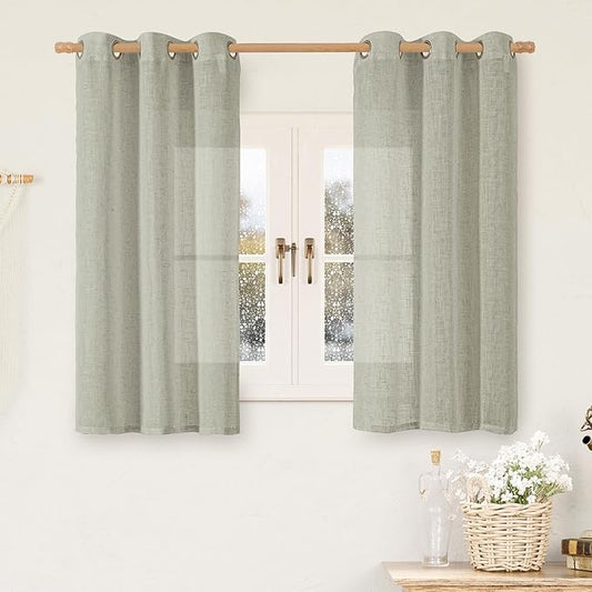 LAMIT Short Linen Curtains 48 Inch Length 2 Panels, Semi Sheer Light Filtering Panels Bronze Grommet Drapes for Small Window/Bathroom/Bedroom/Basement, Sage Grey, 34 x 48 Inch