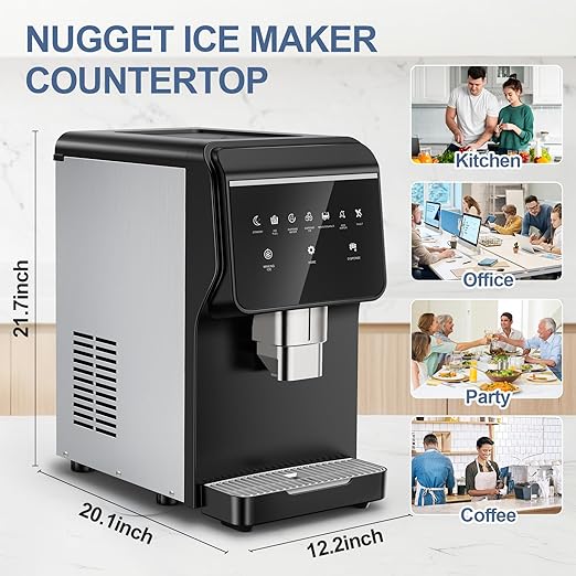 3-in-1 Nugget Ice Maker with Ice & Water Dispenser - 90Lbs/24H Pellet Chewable Ice, Self-Cleaning Countertop Stainless Steel Ice Machine for Commercial, Office, Kitchen, Party (Quiet Operation)