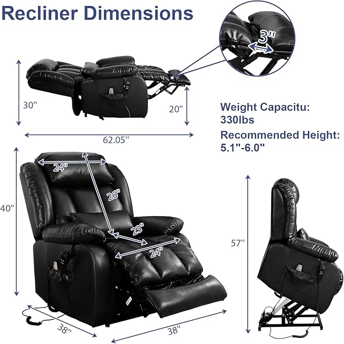 MAEVIS Large Genuine Leather Power Lift Recliner Chair, Dual Motor Recliner for Elderly,Extended Footrest and Lumbar Pillow for Tall Man,with Heat and Massage, USB and Type-C Ports(Black)