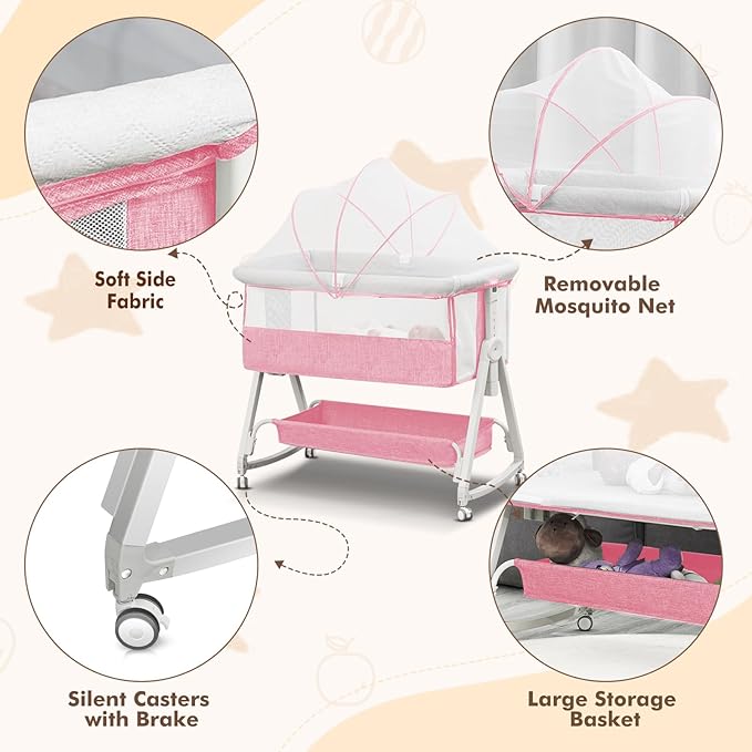 Baby Bassinet Bedside Sleeper for Baby,Bedside Bassinet with Wheels and Storage Basket, 6 Height Adjustable Bedside Crib(Upgrade Pink)