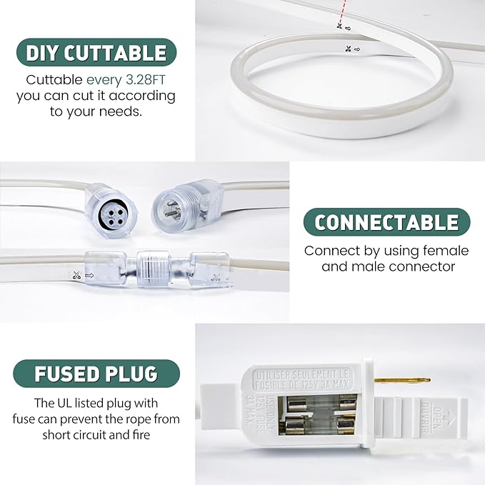 GZBtech RGB LED Neon Rope Lights 50FT/15M, AC 110-120V Waterproof Color Changing LED Rope with Remote Controller, Dimmable Multi Color Neon Rope Lighting for Indoor Outdoor Commercial Use