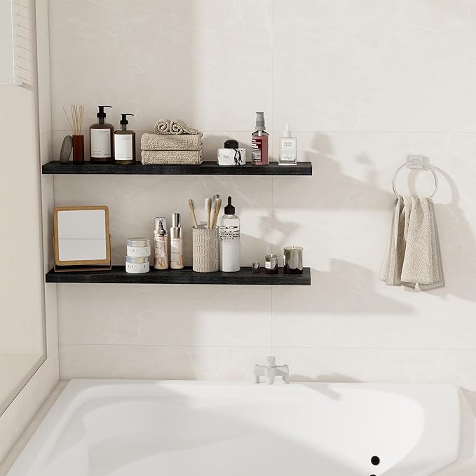 Fun Memories 36Inch Floating Shelves for Wall 2 Pack Wood Shelves for Kitchen, Bathroom, Bedroom Wall Mounted Rustic Wood Floating Shelf with Invisible Brackets for Books, Storage, Decor, Black