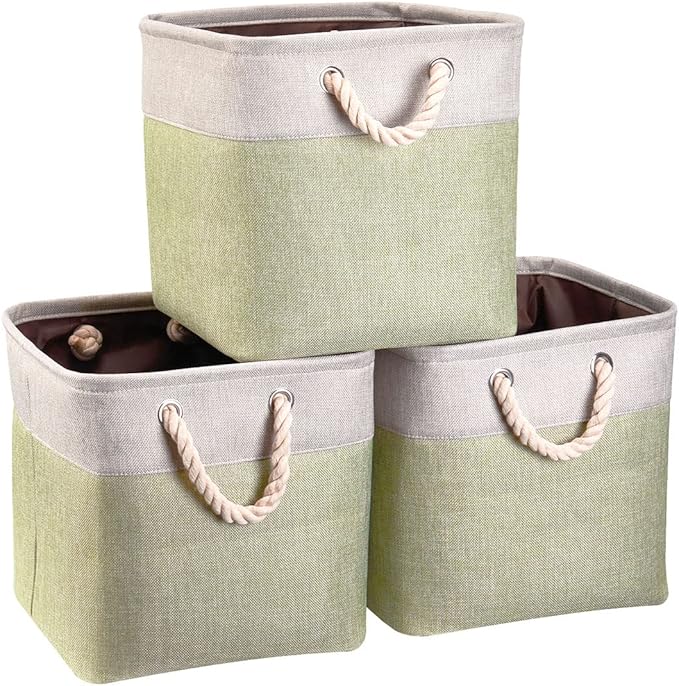 i BKGOO 3Pack Large Foldable Storage Bins，Collapsible Sturdy Cationic Fabric Organizing Storage Basket Cube with Cotton Handles for Home Office Shelf Clothes Toys Beige-Green 13×13×13 inch