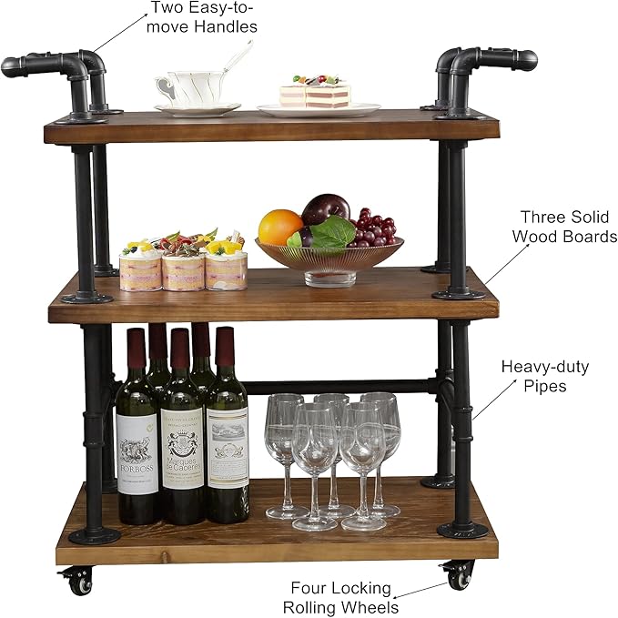 Industrial Pipe Bar Carts/Serving Carts/Kitchen Carts/Wine Rack Carts on Wheels with Shelves - Wood Rolling Carts - Wine Tea Liquor Shelves/Holder - Home Furniture
