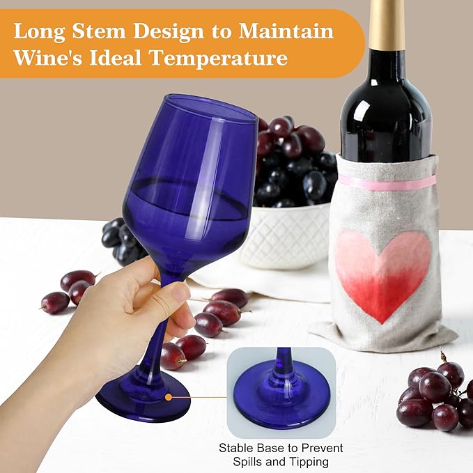 Purple Wine Glasses Set of 6-14oz Long Stem Wine Glass, Pretty Crystal Glassware, Hand Blown Goblets Drinkware, Unique Stemware Wine Glass Holiday Gift Set