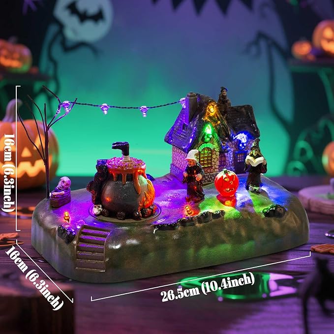 Halloween Village Witch Cauldron Bubble Figurine with Lit House Spooky Town Indoor Decoration Accessories for Holiday Display, Battery Operated