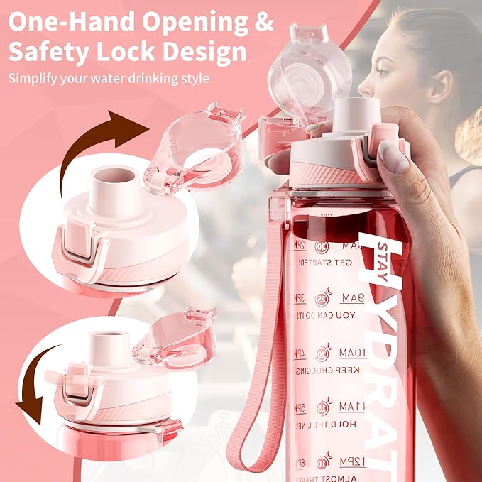 Water Bottle, 32 oz Motivational Water Bottles with Time Marker-Tritan & BPA Free, Sports Water Bottle with Time to Drink & Strap, Wide Mouth, Leakproof -Gift for Christmas Gym Fitness & Outdoor