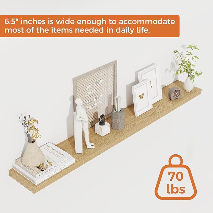 Fun Memories 48 Inch Floating Shelves for Wall, Set of 2 – Rustic Wood Wall-Mounted Shelves with Invisible Brackets for Bedroom, Bathroom, Kitchen – Storage, Books, or Decor, Oak