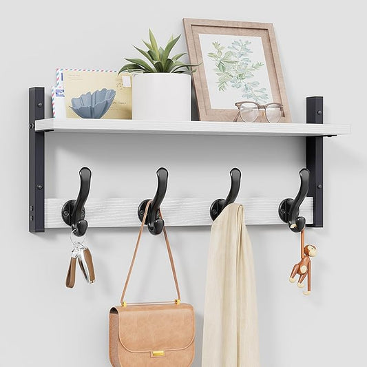 Tatub 20" Rustic Coat Rack Wall Mount with Shelf, Wall Hooks with Shelf, Heavy Duty Entryway Organizer Hangers for Hanging, Hat, Bag, Jacket for Bathroom, Living Room, Bedroom, White
