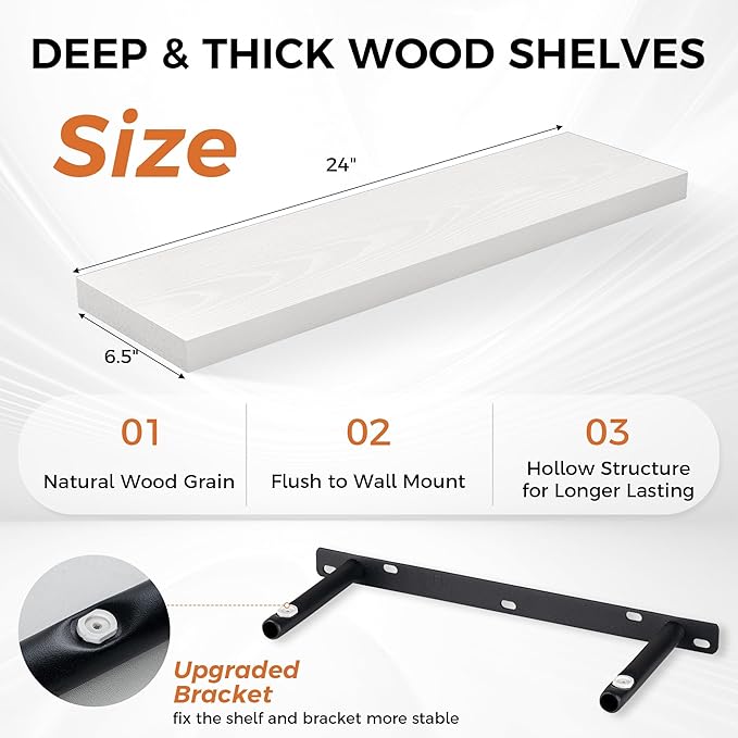 Fun Memories Floating Shelves for Wall, 24" Rustic Wood Deep Wall Mounted Shelves with Invisible Brackets for Decor & Storage, Floating Shelf for Living Room, Bathroom (White, Set of 2)