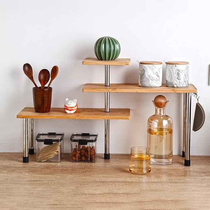 HYNAWIN Corner Shelf Bamboo & Metal Storage Spice Rack, 3 Tier Desk Bookshelf Display Shelves Space Saving Organizer, Adjustable Rack for Kitchen, Bed Room, Office-Best Home Décor (Upgraded Shelf)