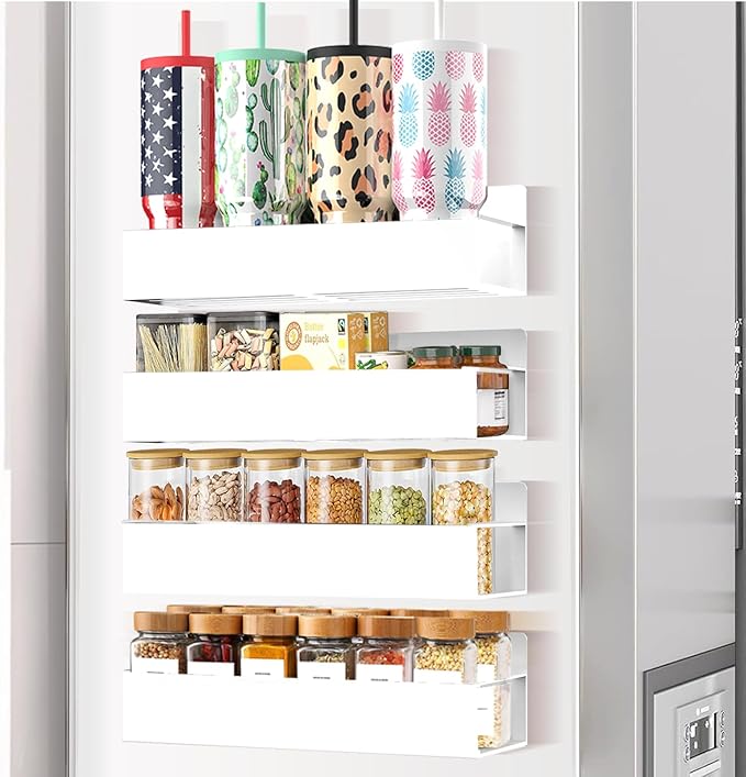 Magnetic Spice Rack Organizer for Fridge Seasoning Organizer for Kitchen Storage With Screw Magnetic Shelf for Oven, RV,Garage,Bathroom (White, 4pack)