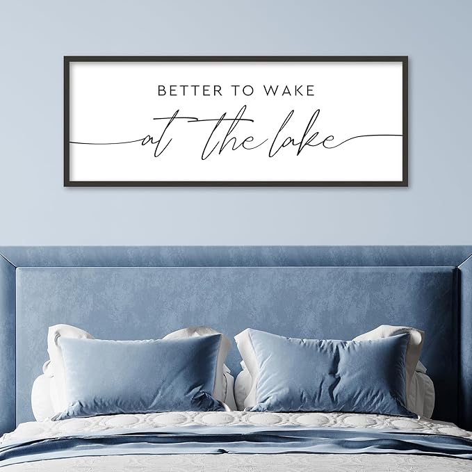 SRSZHIYUE Better To Wake At The Lake Wall Decor Above Bed Sign 40"×15" for Lake House Bedroom Over Bed Large Wood Framed Wall Hanging Art (Black)