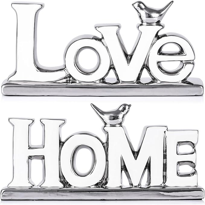 Love Sign Decoration,White and Silver Love Signs for Home Decor Statue,Bird Sculpture Personalized Love Decor,Chrome Style Figurine Decorative Ornaments for Living Room,Bedroom (2 Pcs, White+Silver)