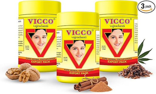 Vicco Vajradanti Herbal Tooth Powder, Classic Ayurvedic Blend with 18 Herbs & Barks, 3.53 oz (Pack of 3)