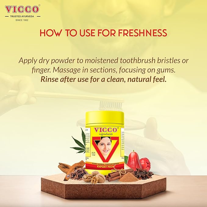 Vicco Vajradanti Herbal Tooth Powder, Classic Ayurvedic Blend with 18 Herbs & Barks, 3.53 oz (Pack of 3)