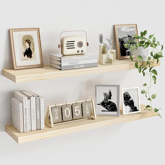 Light Wood Floating Shelves 36”x 8”x 1.4” Book Shelf Floating for Wall Mounted, Heavy Duty Shelf Hold 80 lbs, Unfinished Rustic Wall Shelves for Bedroom, Living Room, Kitchen, Office, Laundry Room