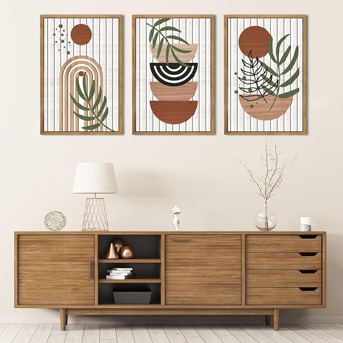 Large Boho Mid Century Wood Wall Art Set Modern Bohemian Wooden Wall Decor Minimalist Leaf Art Decor Abstract Geometric Wall Sculptures for Living Room Bedroom Office-16x24Inchx3