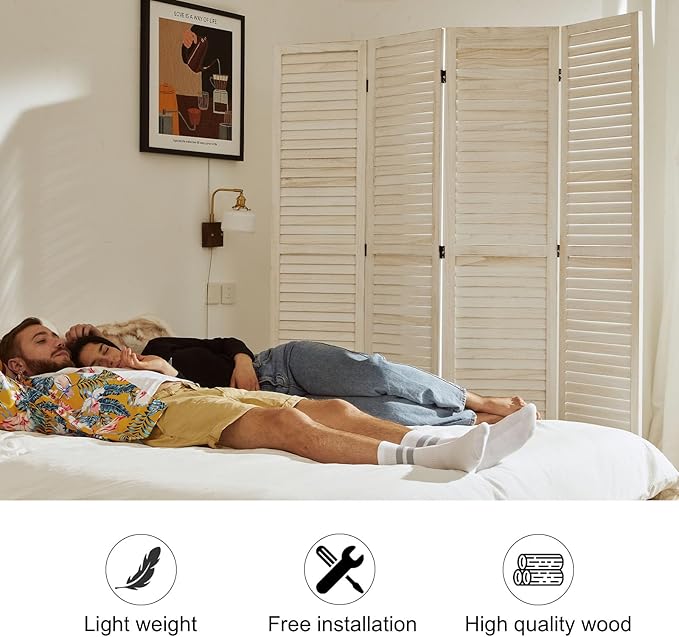 White Room Divider, Temporary Wall with Double Hinges, 5.6 Ft Tall Folding Louver Wood Screen for Home Office Bedroom Hotel Decoration (4 Panels, White-Washed)