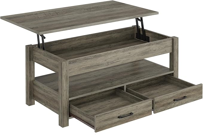 Rolanstar Coffee Table, 47.2" Lift Top Coffee Table with Drawers and Hidden Compartment, Retro Central Table with Wooden Lift Tabletop, for Living Room, Washed Oak