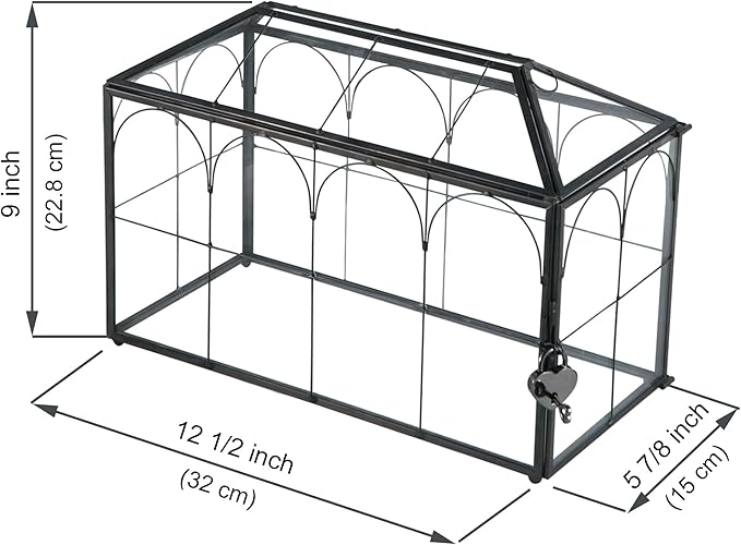 Wedding Card Box with Slot, 12.6'' Large Glass Card Boxes for Reception, Black Geometric Holder, Clear Decorative Storage Box with Lock for Baby Shower, Birthday Party, Christmas, Bridal Shower