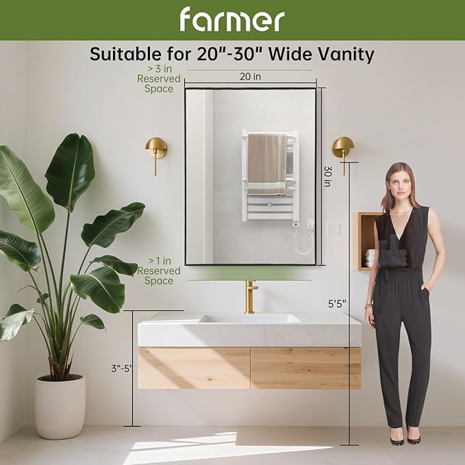 FARMER 20x30 Inch Black Bathroom Mirror, Rectangle Wall Mounted Mirror, Vanity Mirror, Brushed Square Mirror, Framed Bathroom Mirror for Bedrooms, Entryways, Living Rooms, Horizontal/Vertical