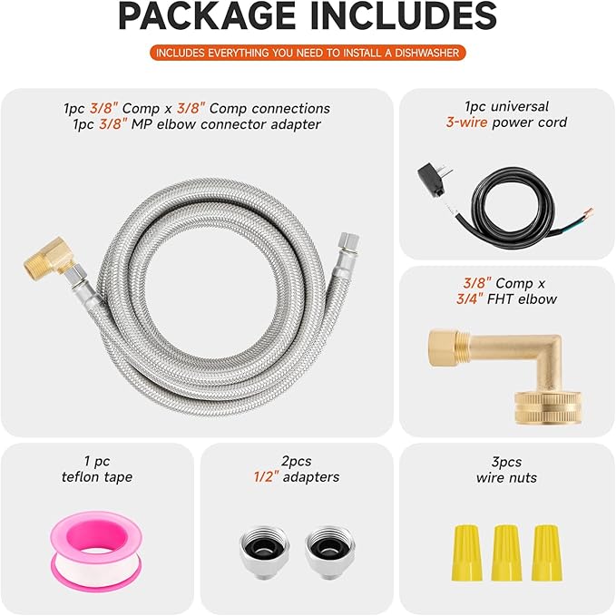 Roastove Universal Dishwasher Installation Kit,6 Ft Stainless Steel Dishwasher Hose,Burst Proof Water Supply Line with 3/8" Compression Connections