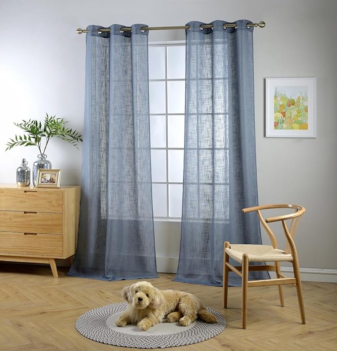 MIUCO Semi Sheer Curtains Poly Linen Textured Solid Grommet Curtains 63 Inches Long for Bedroom 2 Panels (2 x 37 Wide x 63" Long) Dusty Blue