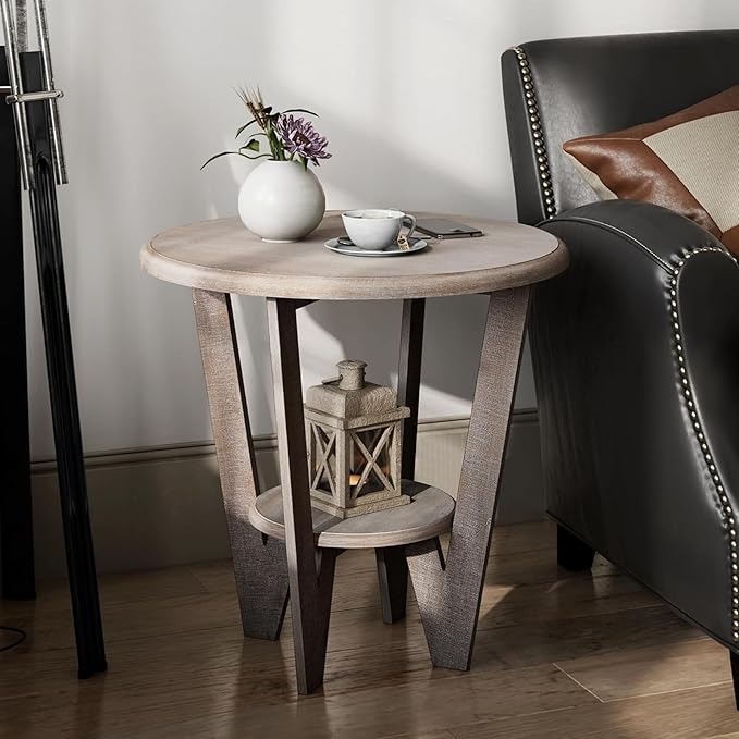 Rustic Farmhouse end Table with Storage Shelf, French Country Accent Side Table for Family, Dinning or Living Room, Small Spaces, Modern, Round, Vintage Grey Finish
