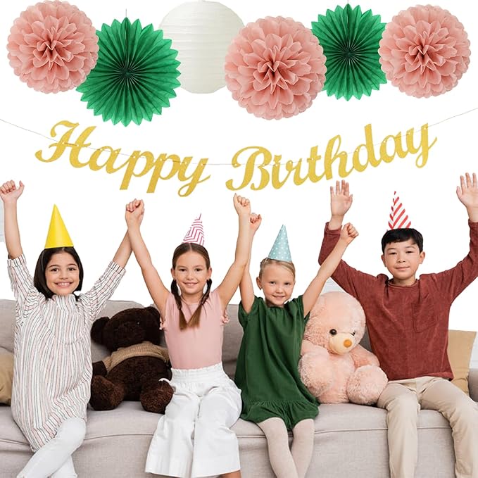 Sage-Green Pink Birthday Party-Decorations Paper-Flowers - 14pcs Happy Banner Spring Lanterns Tissue Pom Poms,Boho Streamers Garland Fans,Neutral Rustic Garden Office Hanging Supplies Decor Hugfond