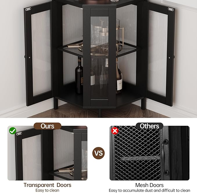 Corner Bar Cabinet with Power Outlet, 5-Tier Corner Wine Cabinet with Led Strip and Glass Holder, Industrial Tall Liquor Cabinet Bar Wine Rack for Home，Black