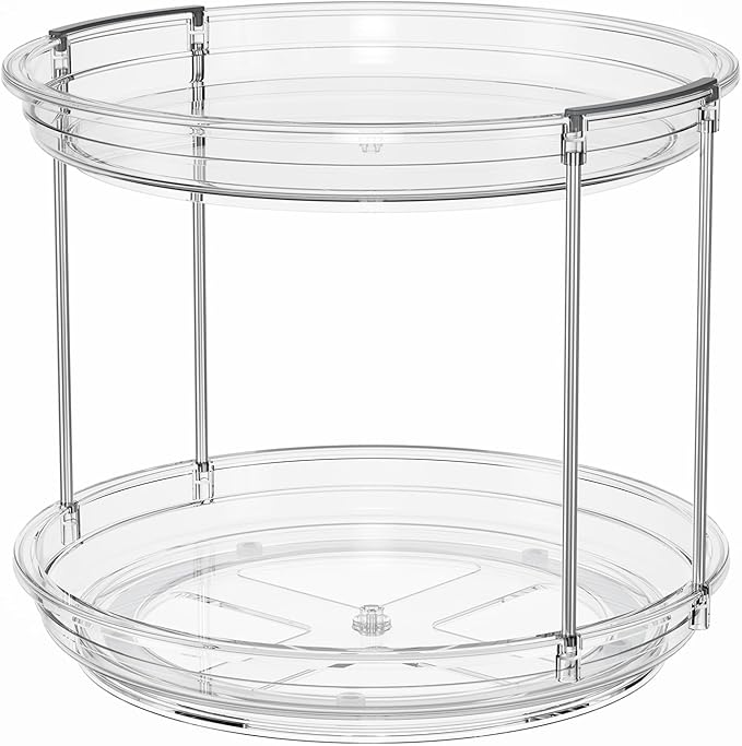 LAMU 2 Pack 10.6'' 2-Tier Lazy Susan Turntable Organizer Rotating Spice Rack Organization for Cabinet, Kitchen, Pantry, Countertop, Bathroom, Vanity, Makeup Organizer, Clear