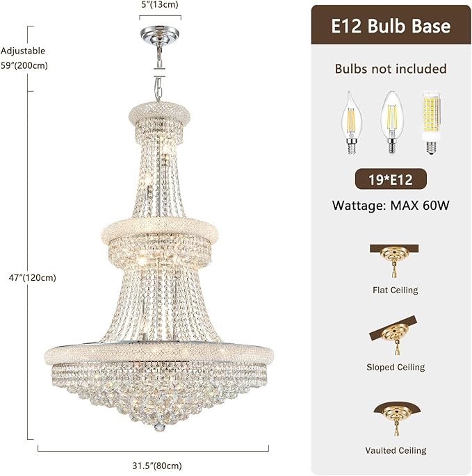 High Ceiling Chandelier 19-Lights Modern Crystal Chandeliers Silver Large Foyer Chandelier Fixtures for Staircase Living Room Hallway Entryway (H47 x W31.5)