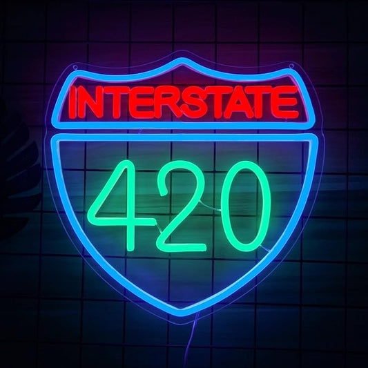 Interstate 420 Neon Sign Green Leaf Neon Signs for Wall Decor Dimmable 420 Theme Light Vintage Route Neon Light Sign for Game Room Man Cave Bar Decor Suitable Gift for Party Birthday（12.6 * 12.3inch）