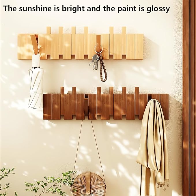 Wall Mounted Piano Key Hanger | Flip Style Hook | Entrance Wall Art Hook, Made of Oak Wood (3 Times Painted, 4 Times Polished) (Walnut-Beech, 8Hooks)