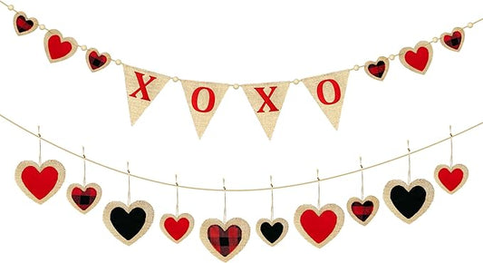 Valentine’s Day Party Decorations Felt XOXO Sign Triangle Pennant Banner Flag Buffalo Plaid Red Black Heart Burlap Garland with Wood Beaded for Wedding Birthday Valentine’s Day Party Supplies