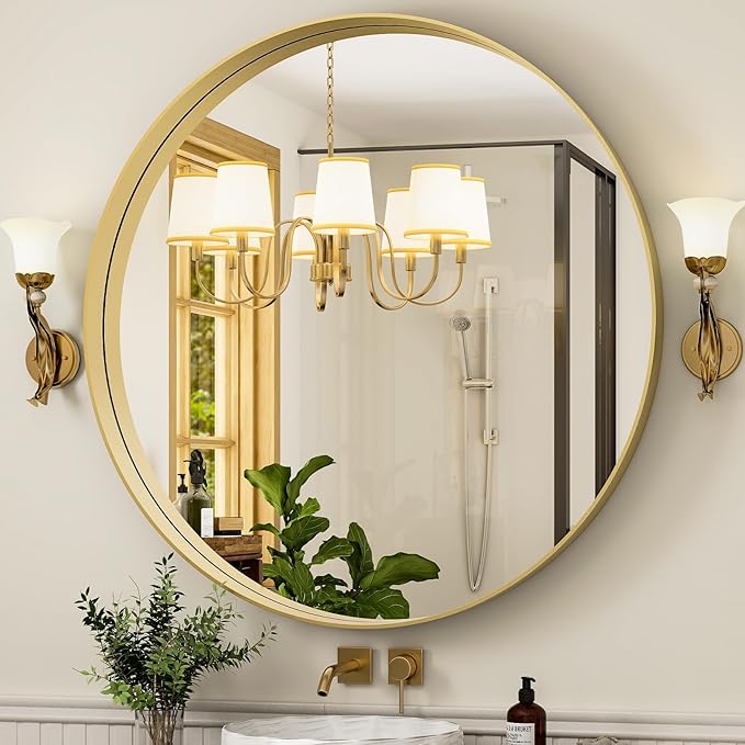 32 Inch Round Bathroom Mirror - Wall Mounted Circle Mirror with Metal Frame, Modern Mirror Suitable for Bathroom, Vanity, Entryway, Living Room, Wall Decor,Gold