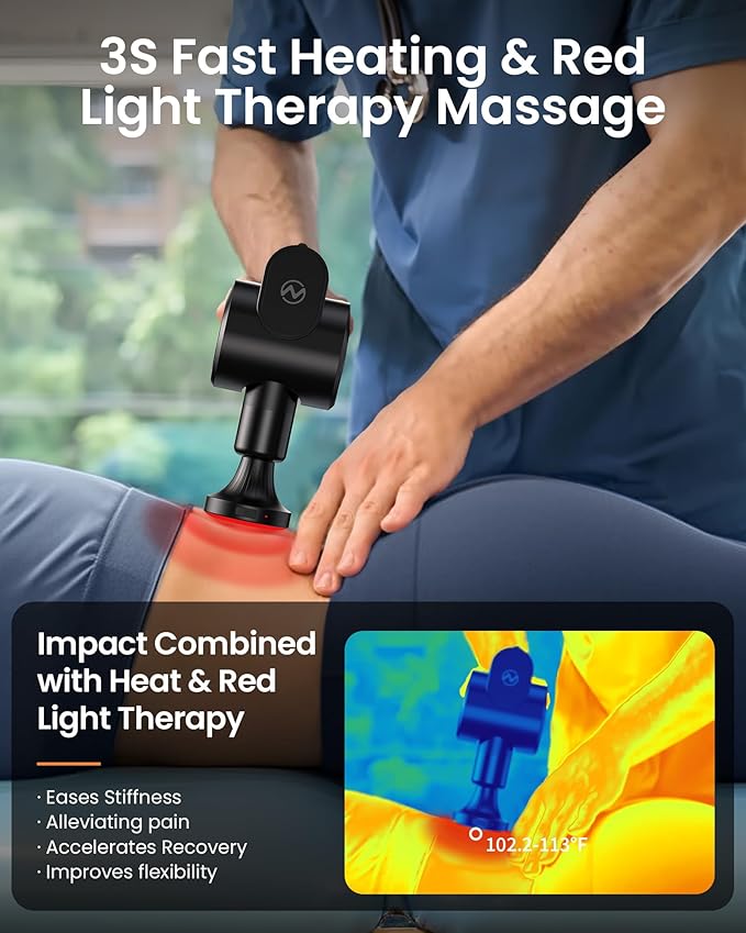 Massage Gun with Heat and Red Light Therapy,Deep Tissue Percussion Back Massager for Muscle/Neck/Body Pain Relief with Long Extension Retractable Handle,32-Speeds,Foldable,5 Adjustable