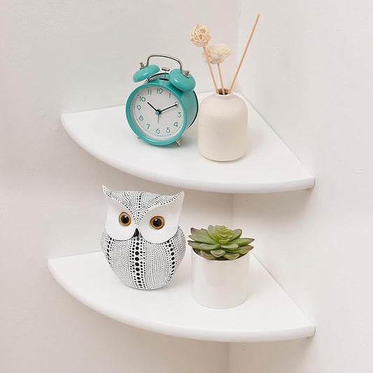 Corner Shelves, Floating Corner Shelf, Set of 2 White Solid Oak Wood Wall Shelves, Round End Wall Mount with Wire Hole Shelving for Small Plant for Bedroom Kitchen, Living Room 8.7"