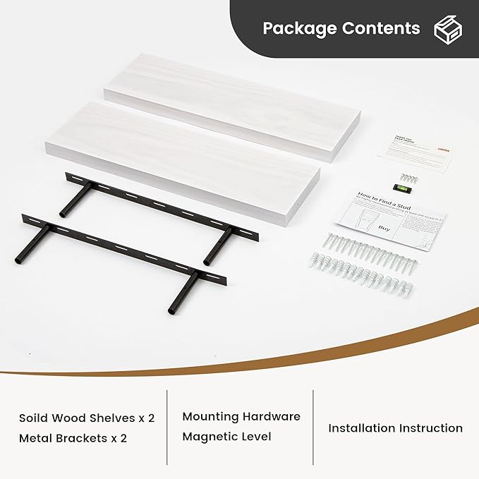 Farmhouse Floating Shelves - 8 Inch Deep Rustic Wood Wall Shelf - Premium Solid Pine Wood Storage Shelf Display Shelf for Kitchen Living Room Bedroom - 24"W x 8"D - Set of 2 - White Color