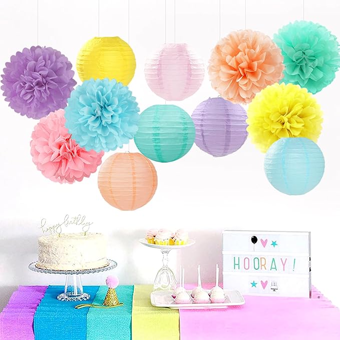 Pastel Rainbow Colorful Party-Decorations Paper Flowers Lanterns - 15PCS Birthday Classroom Baby Shower Tissue Pom Poms Streamers, Macaron Carnival Theme Hanging Supplies Decor Hugfond