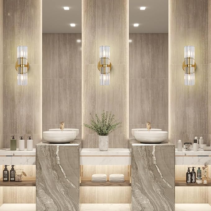 Gold Crystal Wall Sconces Set of Two, Wall Sconce Set of 2, Brass Sconces Wall Lighting with K9 Crystal Lampshade, Wall Lights for Bedroom Living Room Bathroom Hallway