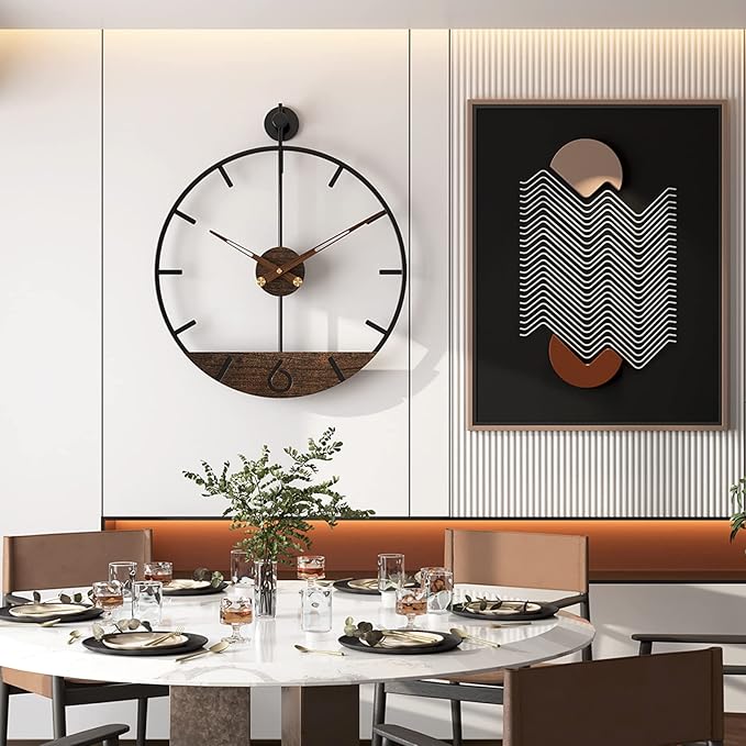 Modern Wood Walnut Dial Wall Clock, Large Simple Wall Decor Metal Frame Silent Non Ticking Clock for Living Room, Kitchen, Bedroom, Study Decoration, Handmade Home Present Idea, 29.5 in