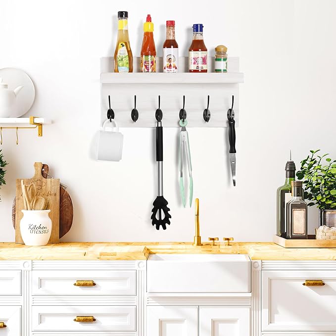 Shelf with Hooks, Coat Rack Wall Mount with 6 Double Metal Hooks, 17 Inch Farmhouse Wall Hooks with Shelf for Entryway, Bathroom, Kitchen, White
