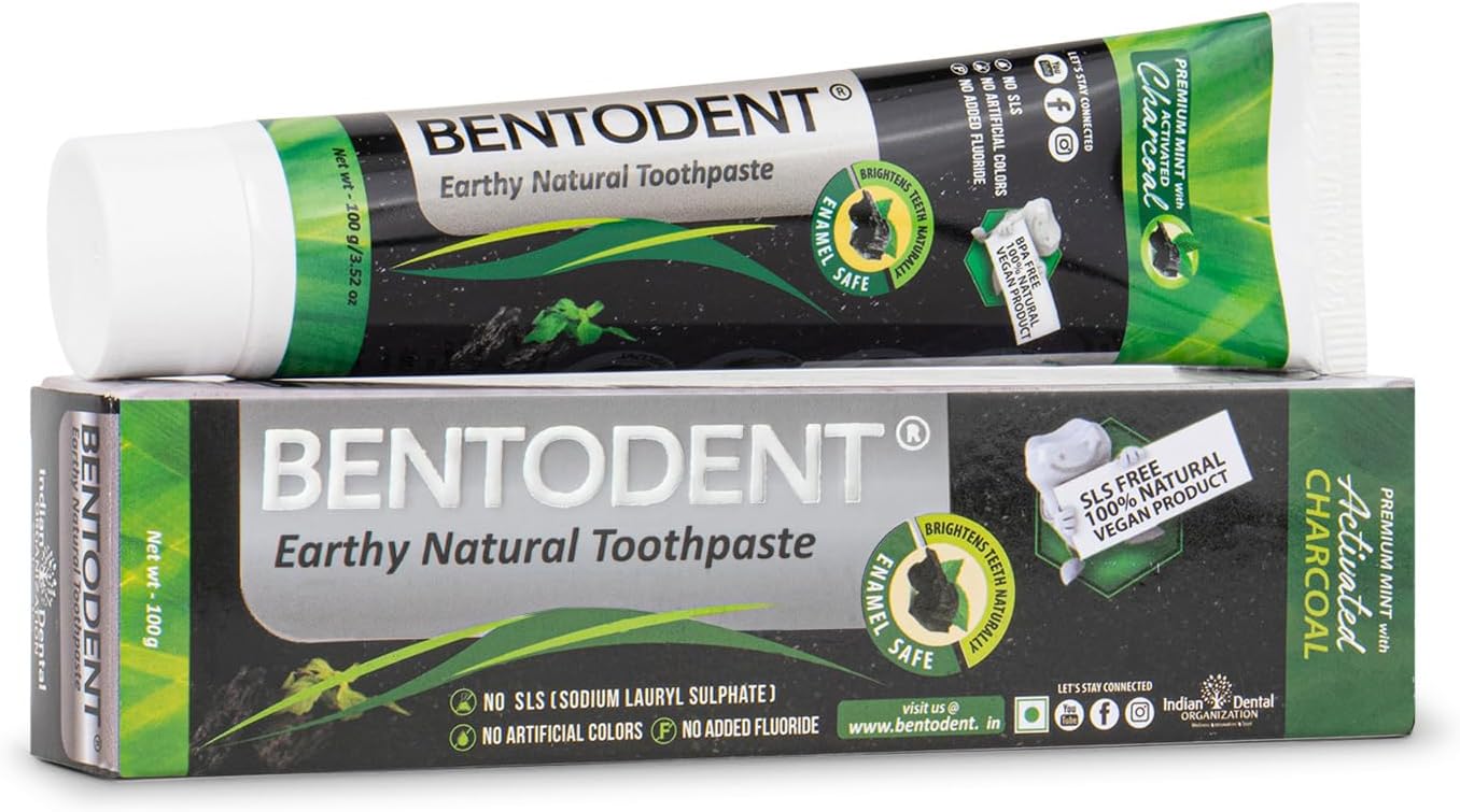 BENTODENT Teeth Whitening Bentonite Clay & Activated Organic Charcoal Toothpaste & Scraper - Detox,Tea Tree, Fluoride Free Adult, Vegan, Travel 3.52 oz