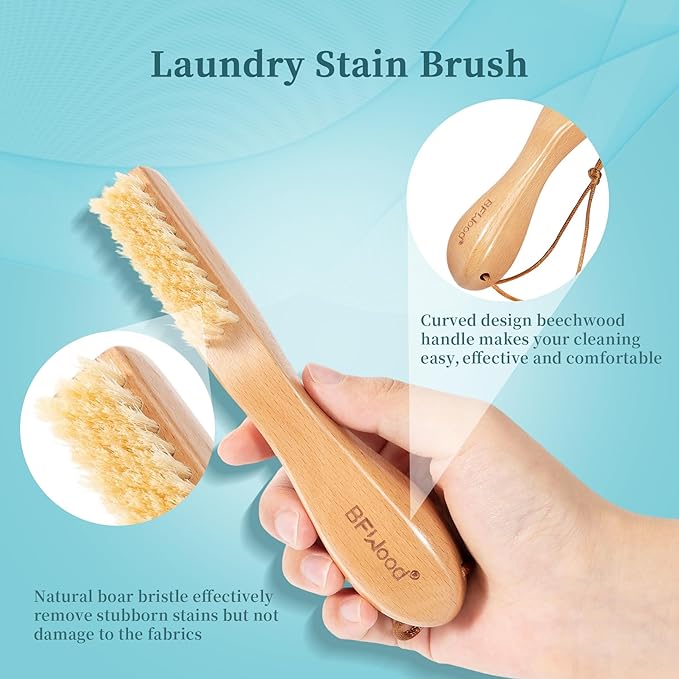 BFWood Laundry Stain Brush, Natural Soft Boar Bristles, Removes Tough Stains from Delicate Fabrics Like Knits, Cotton, and Linens, Gentle on Fabrics, No Damage