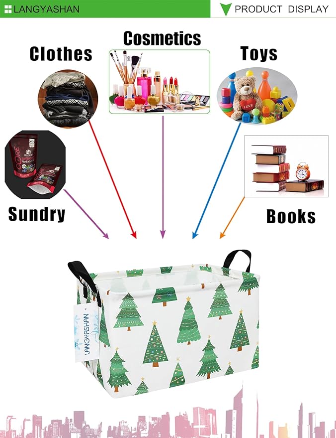 LANGYASHAN Rectangular Storage Bin Collapse Canvas Fabric Cartoon Storage Basket with Handles for Organizing Home Kitchen Boys and Girls Toys Office Closet Shelf Baskets (Rec christmas tree)