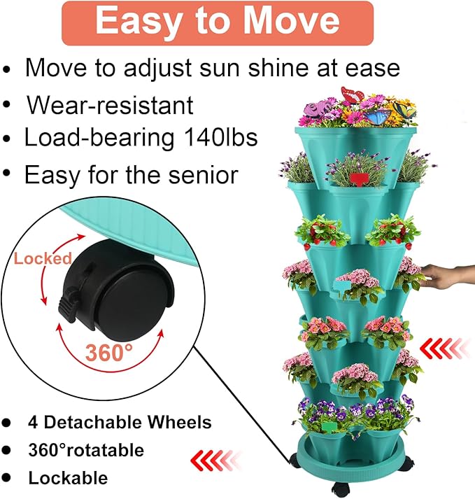 Vertical Planter, 7 Tier Stackable Strawberry Planter with Garden Tool Set, Movable Indoor/Outdoor Garden Herb Pot for Growing Vegetables and Succulents, Teal
